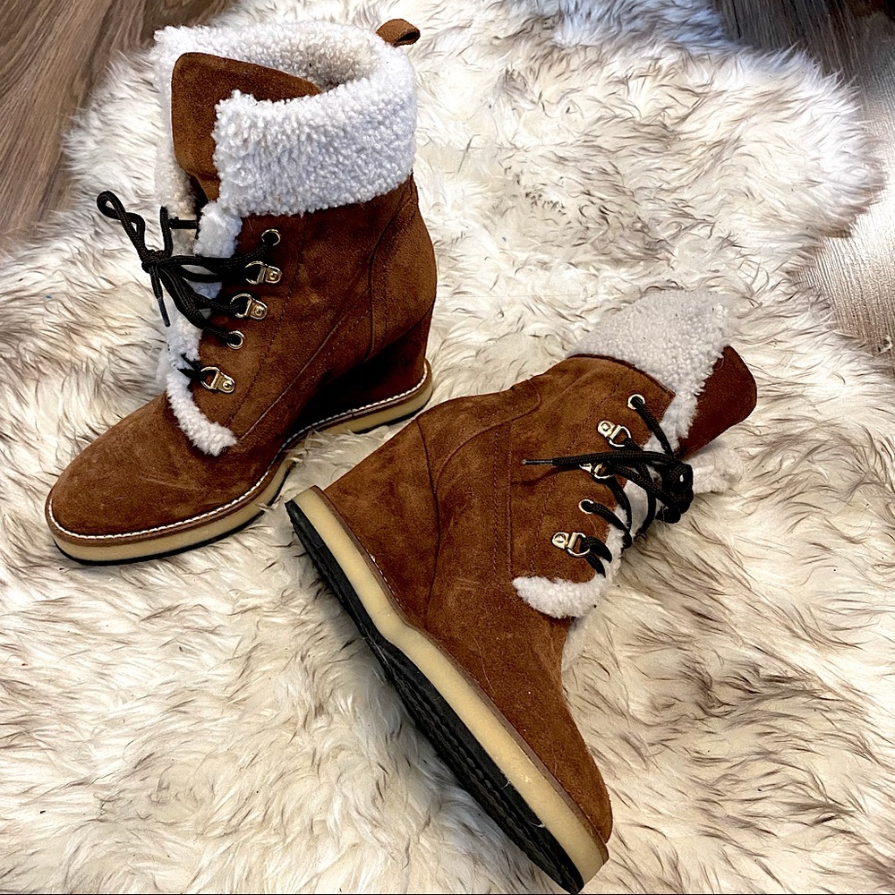 ❤ Napoleoni Platform Wedge Lace Boots Shoe Brown Suede Leather Shearling